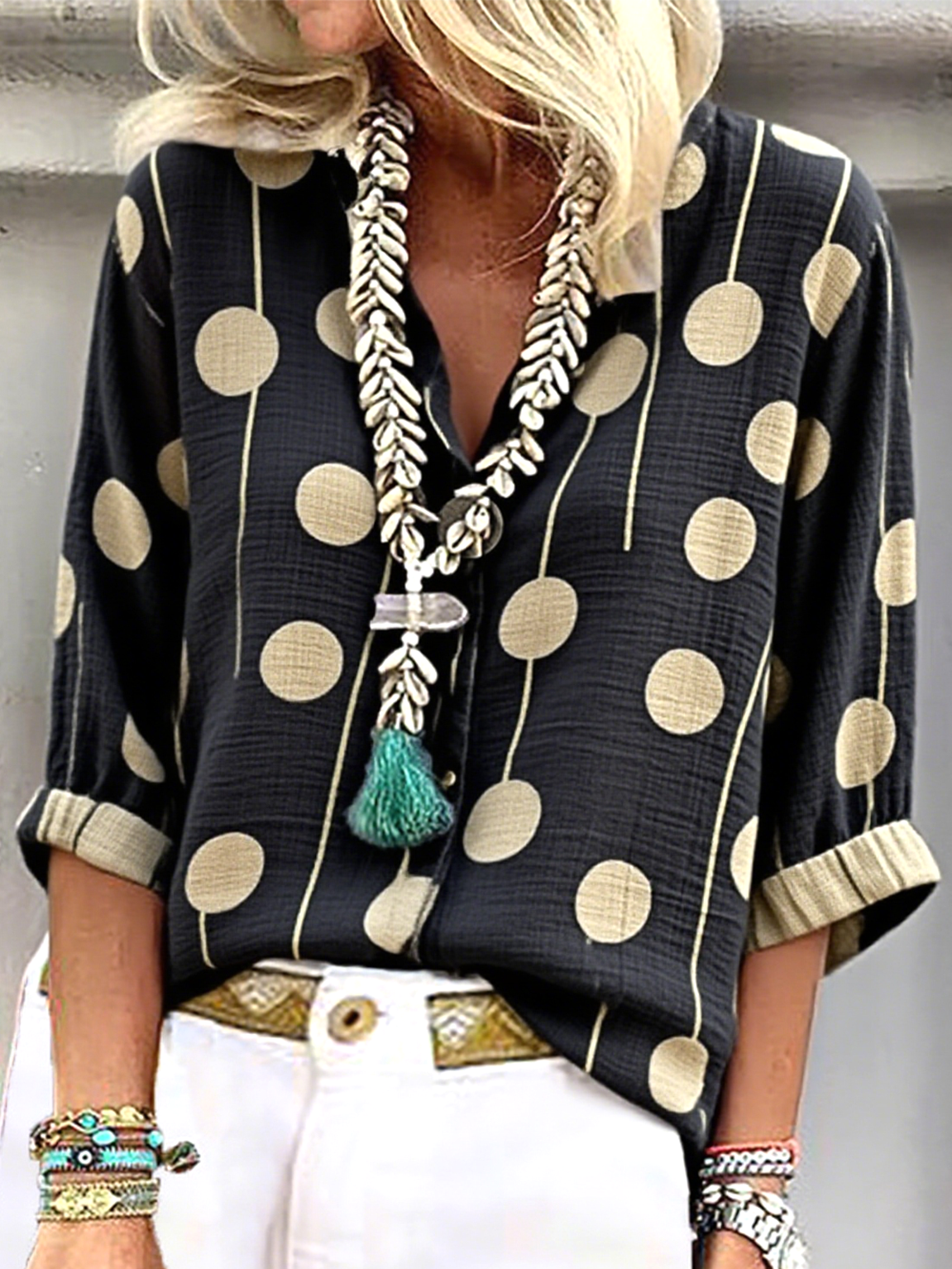 Shirt Collar Long Sleeve Striped Regular Loose Shirt For Women