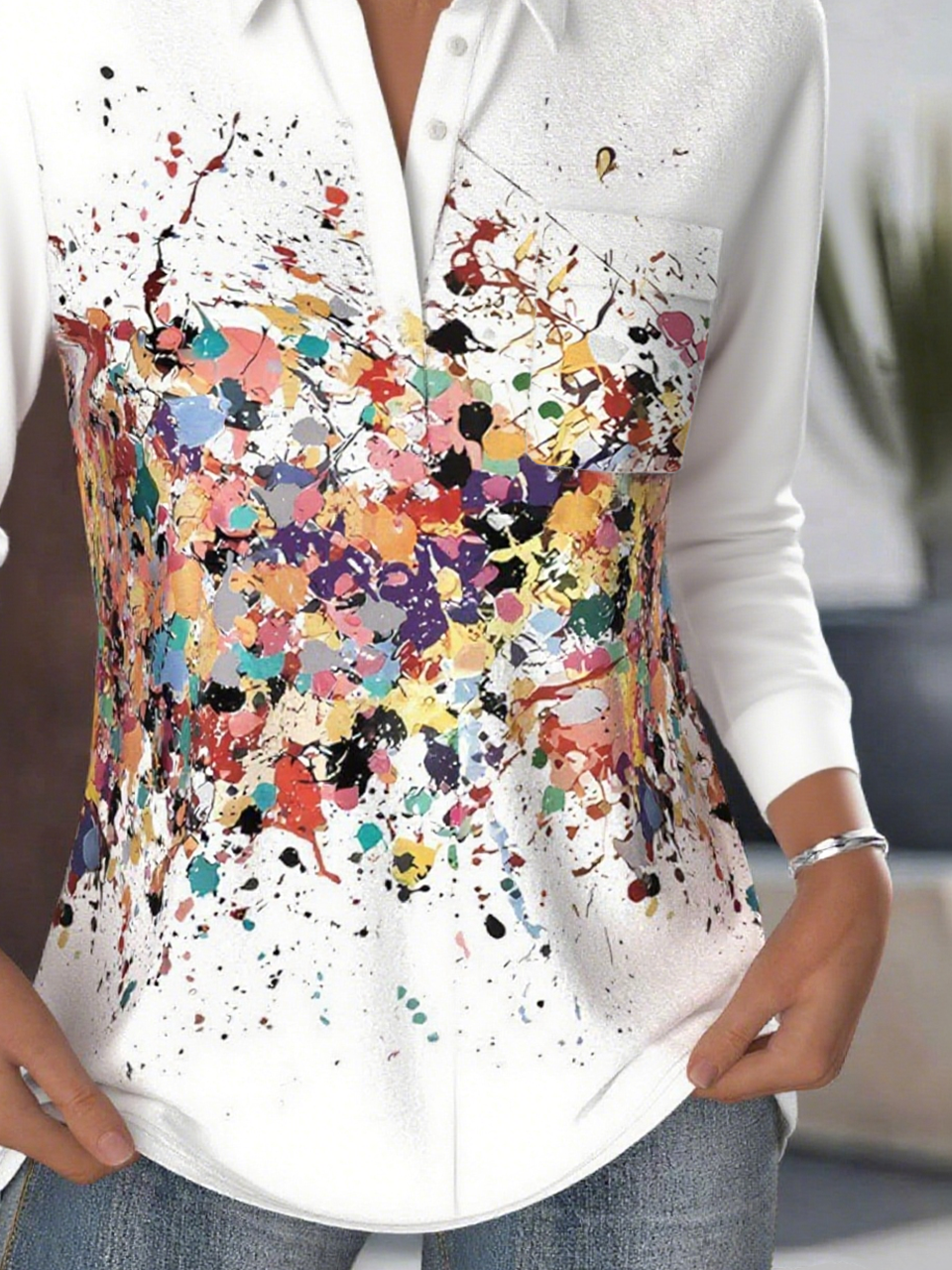 Shirt Collar Long Sleeve Ombre Regular Loose Shirt For Women