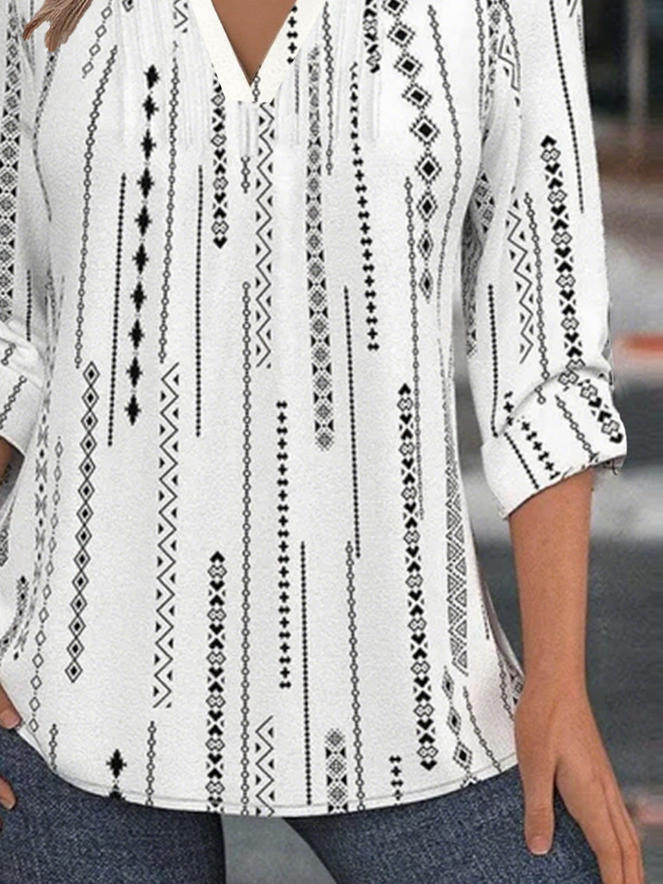 V Neck Long Sleeve Striped Regular Loose Blouse For Women