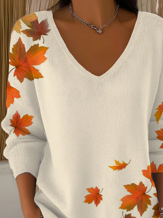 Casual Maple Leaf V Neck Long Sleeve T-shirt
