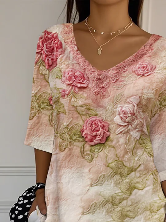 Casual Floral V Neck Three Quarter Sleeve T-shirt