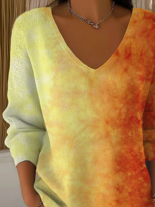Casual Ombre V Neck Long Sleeve T-shirt
