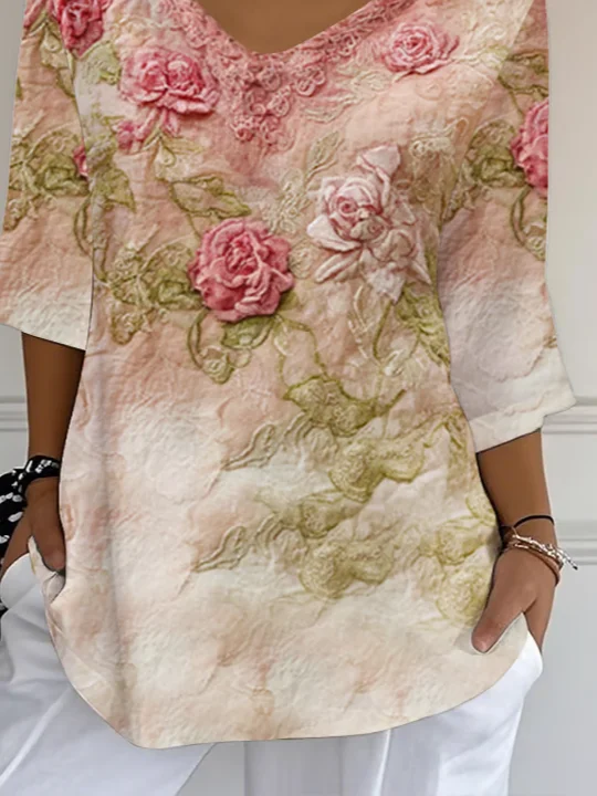 Casual Floral V Neck Three Quarter Sleeve T-shirt