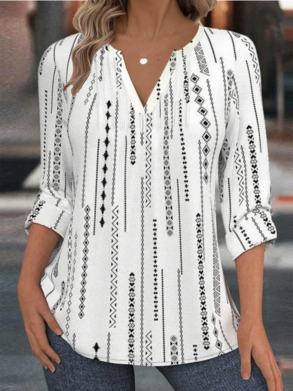 V Neck Long Sleeve Striped Regular Loose Blouse For Women