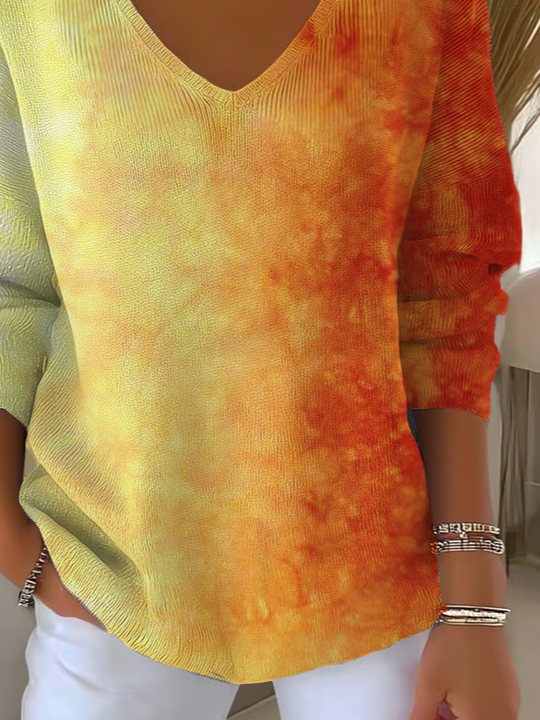 Casual Ombre V Neck Long Sleeve T-shirt