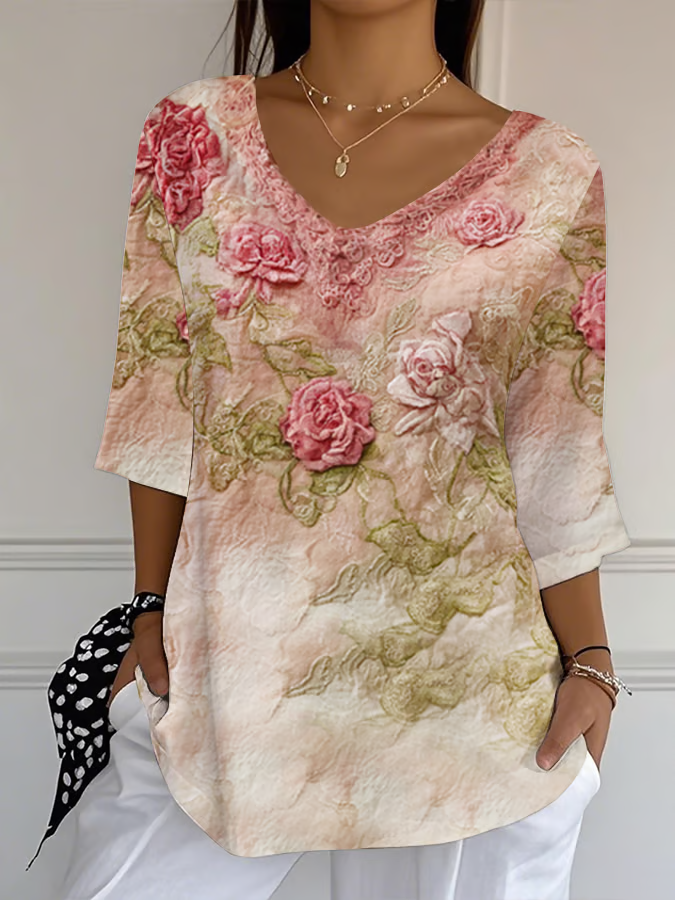 Casual Floral V Neck Three Quarter Sleeve T-shirt