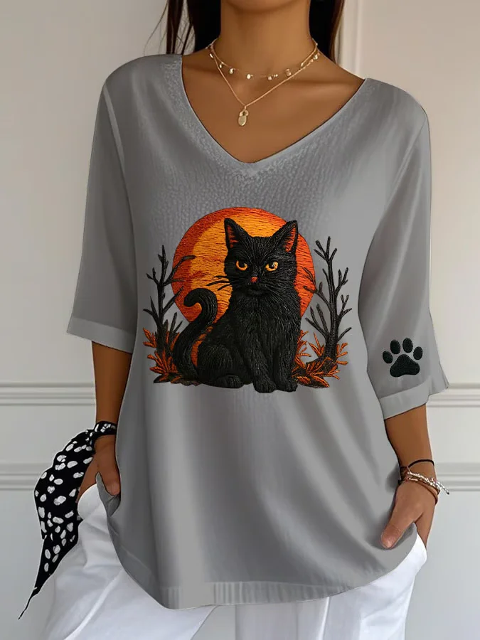 Vintage Cat Crew Neck Three Quarter Sleeve T-shirt
