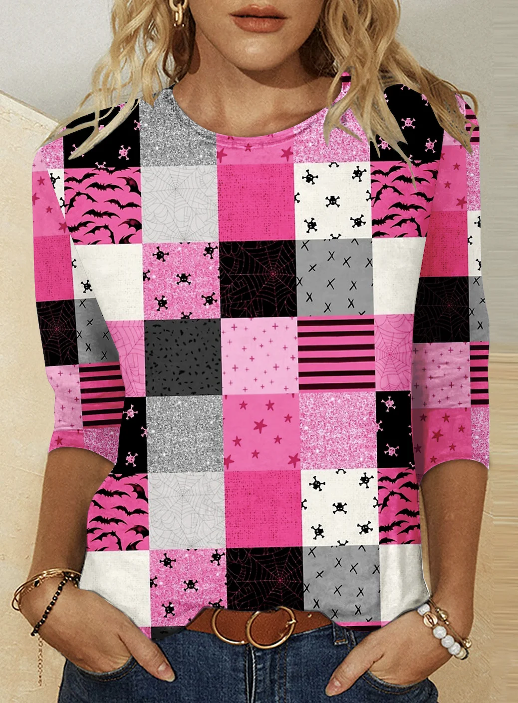 Vintage Geometric Crew Neck Long Sleeve T-shirt