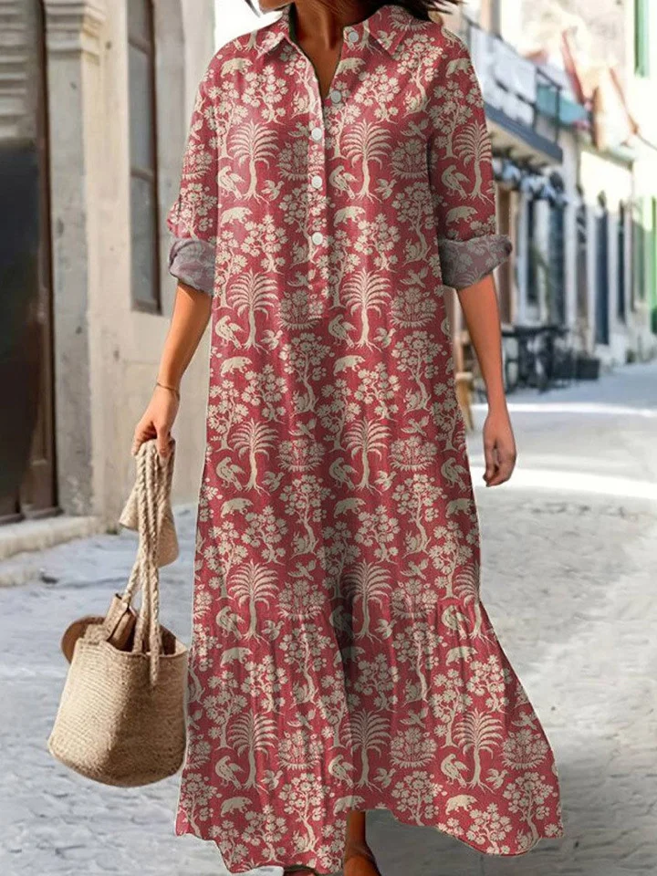 Women Floral Spring/Fall Dress V Neck Long Sleeve Shirt Dress A-Line Dress