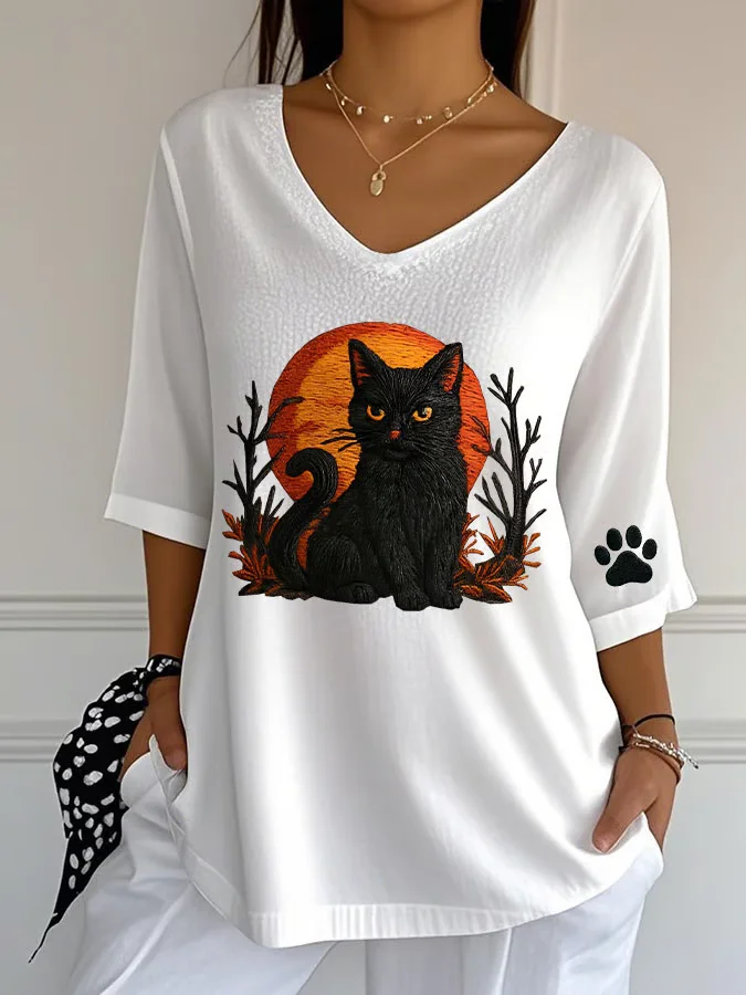 Vintage Cat Crew Neck Three Quarter Sleeve T-shirt