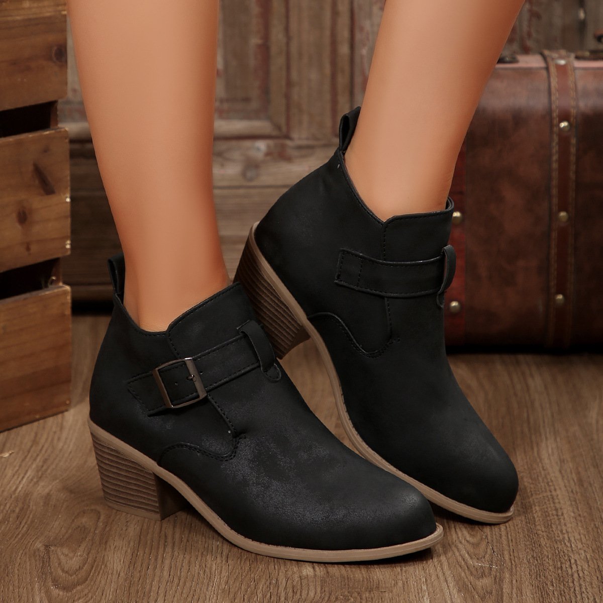 Vintage Plain Slip On Block Heel Classic Boots