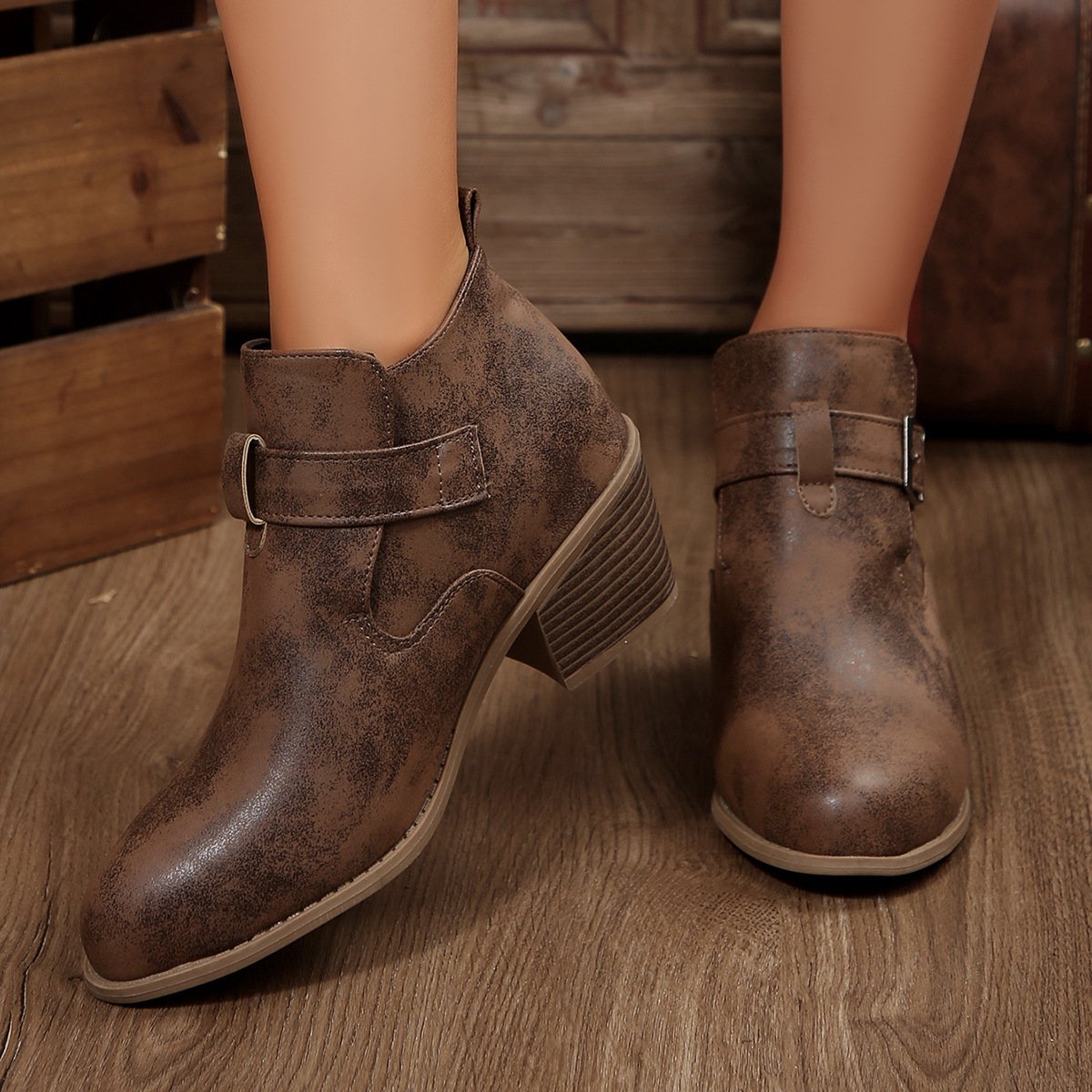 Vintage Plain Slip On Block Heel Classic Boots