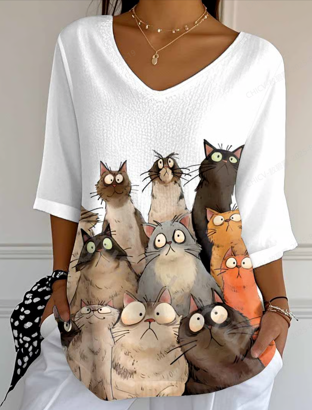 Casual Animal V Neck Three Quarter Sleeve T-shirt