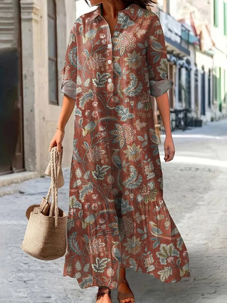 Women Floral Spring/Fall Dress V Neck Long Sleeve Shirt Dress A-Line Dress