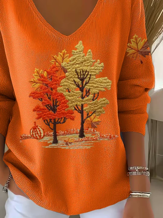 Casual Maple Leaf V Neck Long Sleeve T-shirt