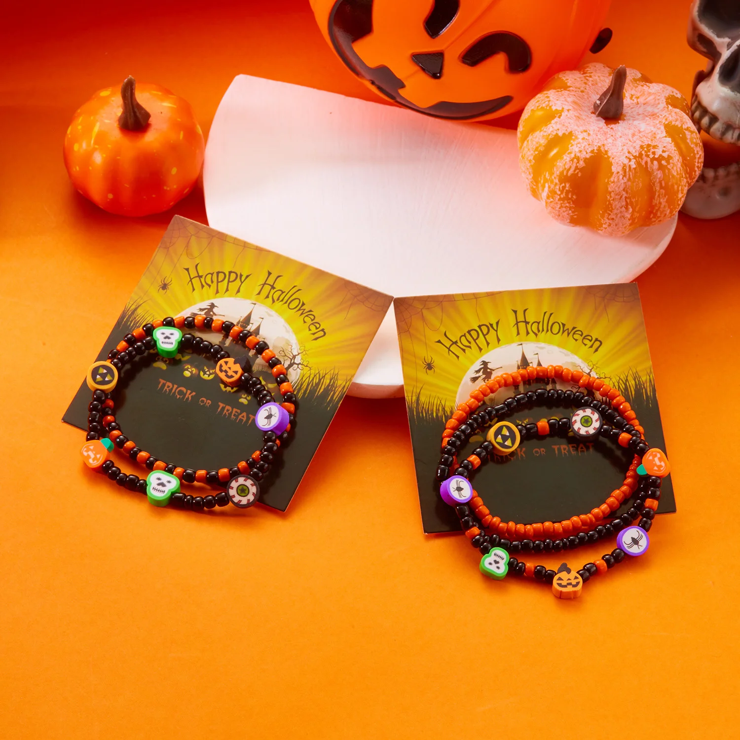Halloween Bracelet Amazon Hot Sale Rice Bead Orange Pumpkin Skull Pendant Set Hand Jewelry