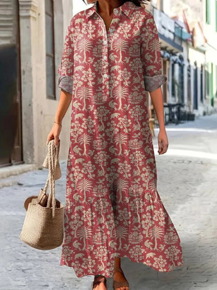 Women Floral Spring/Fall Dress V Neck Long Sleeve Shirt Dress A-Line Dress
