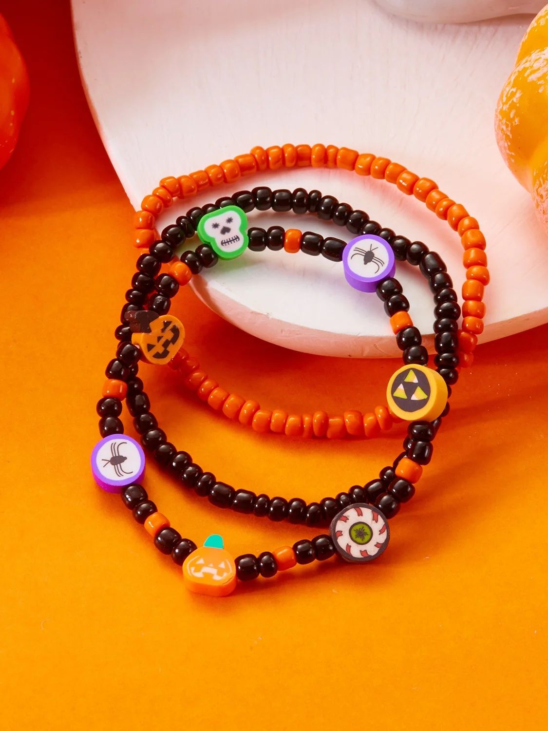 Halloween Bracelet Amazon Hot Sale Rice Bead Orange Pumpkin Skull Pendant Set Hand Jewelry