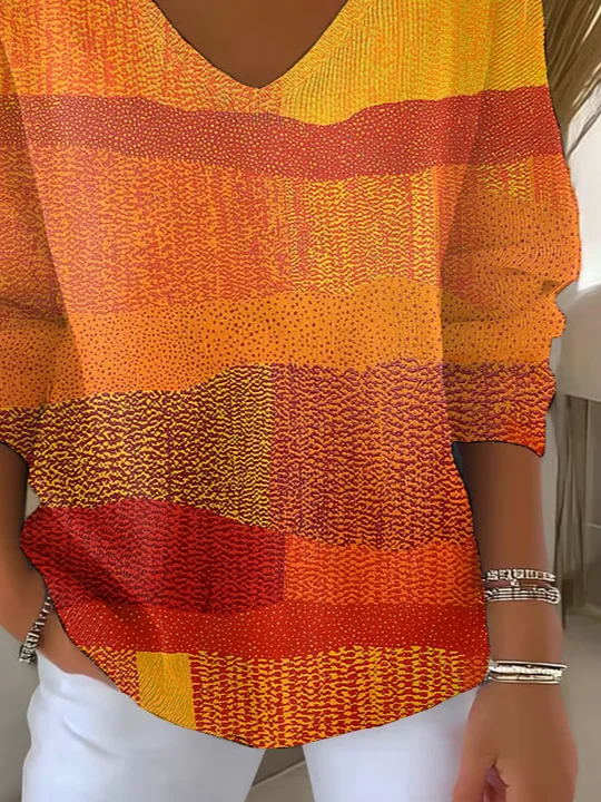 Casual Abstract V Neck Long Sleeve T-shirt