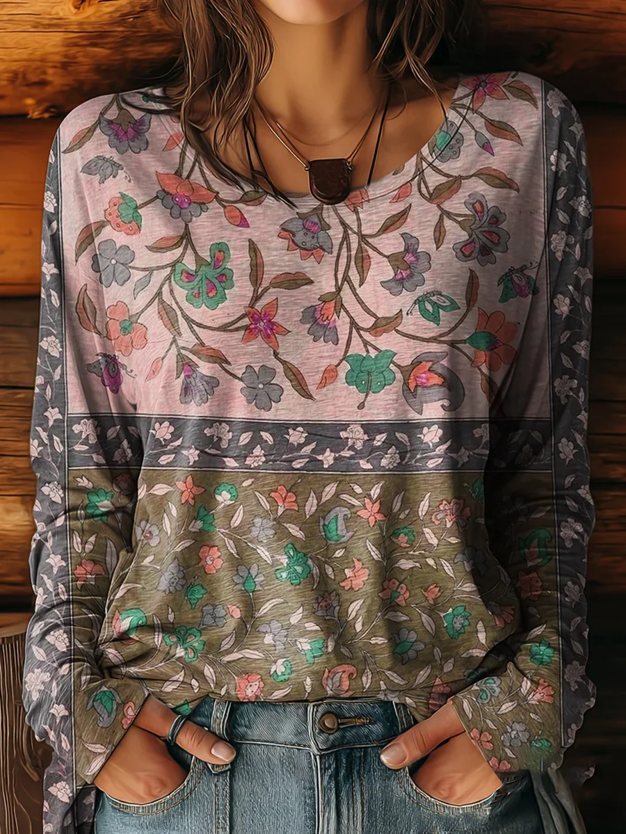 Casual Floral Crew Neck Long Sleeve T-shirt
