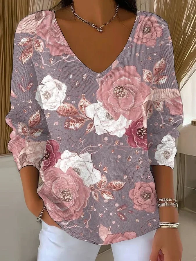 Casual Floral V Neck Long Sleeve T-shirt