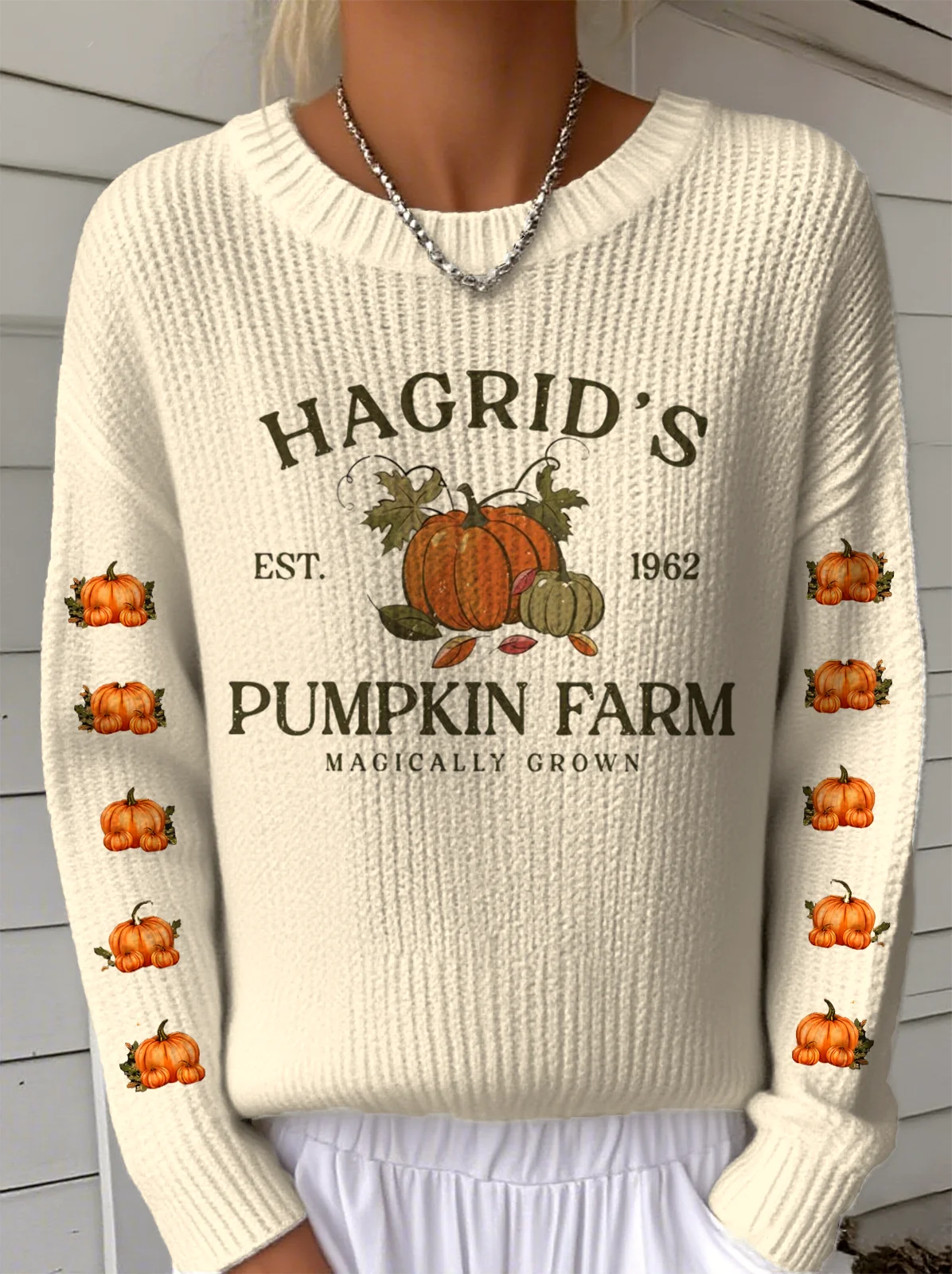 Women Halloween Pumpkin Print Long Sleeve Comfy Vintage Sweater