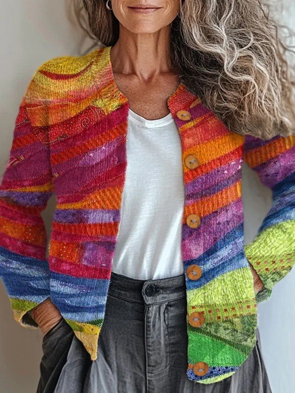 Women Knitted Geometric Long Sleeve Comfy Vintage Cardigan