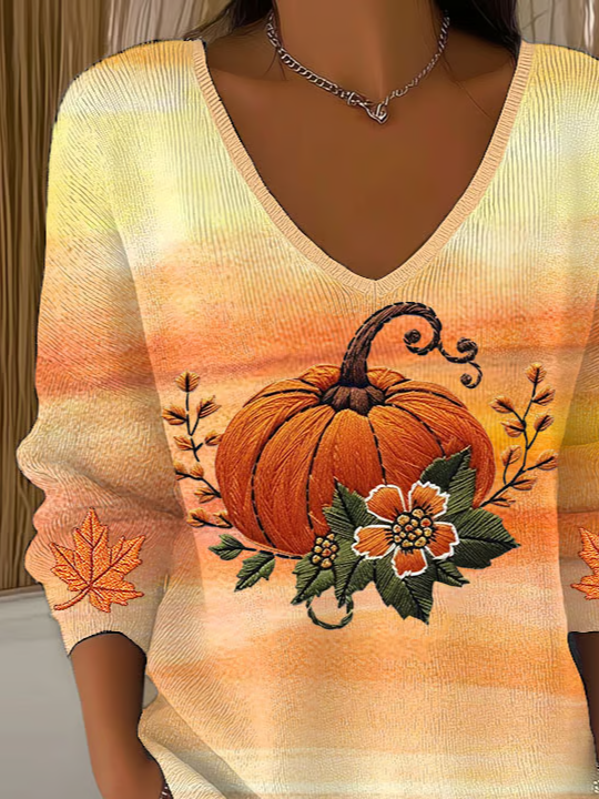 Halloween Pumpkin Print Casual Maple Leaf V Neck Long Sleeve T-shirt