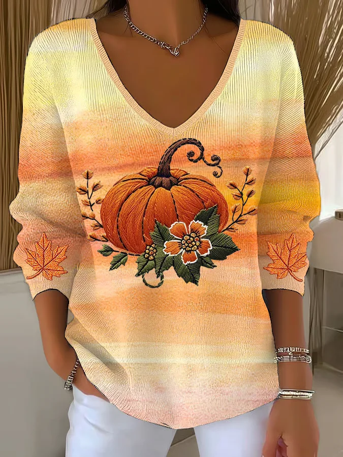 Halloween Pumpkin Print Casual Maple Leaf V Neck Long Sleeve T-shirt