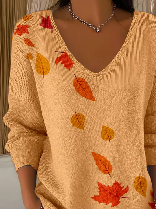 Casual Maple Leaf V Neck Long Sleeve T-shirt