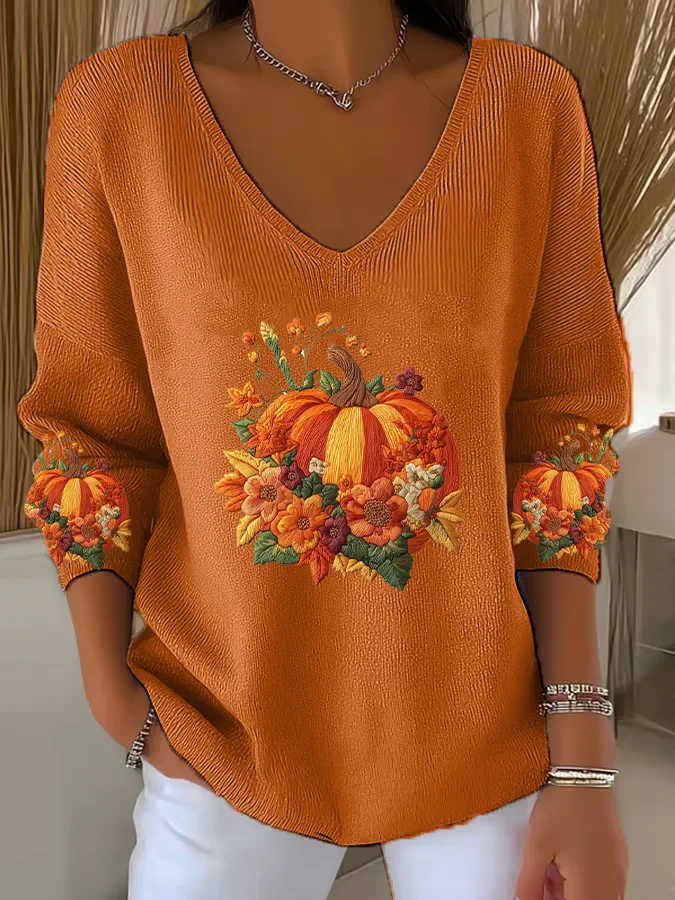 Halloween Pumpkin Print Casual Floral V Neck Long Sleeve T-shirt