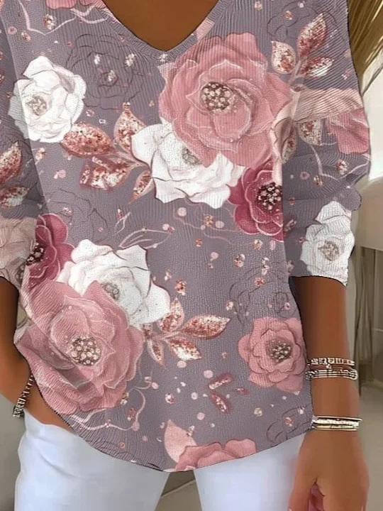 Casual Floral V Neck Long Sleeve T-shirt
