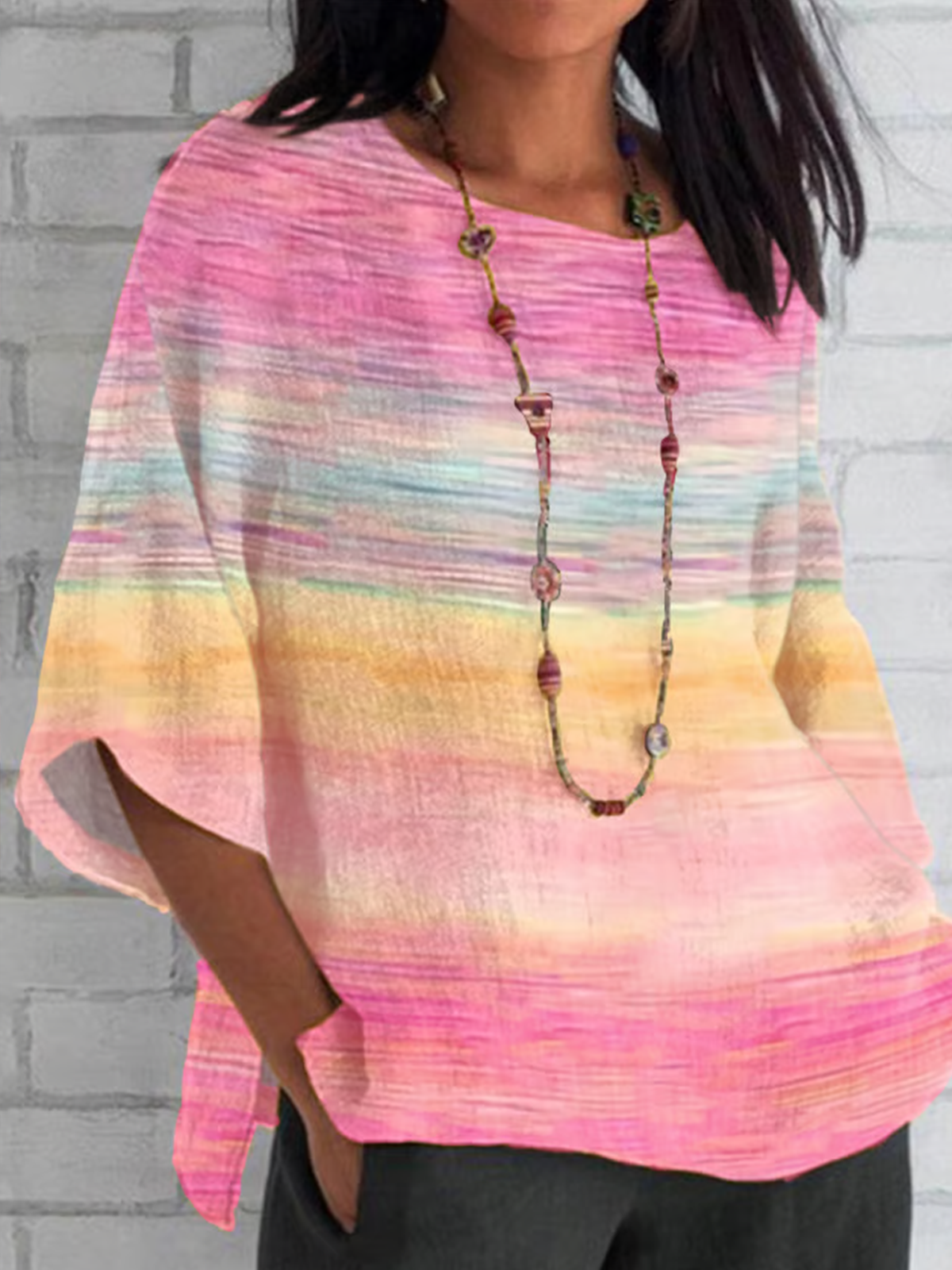 Shawl Collar Half Sleeve Striped Regular Loose Blouse For Women