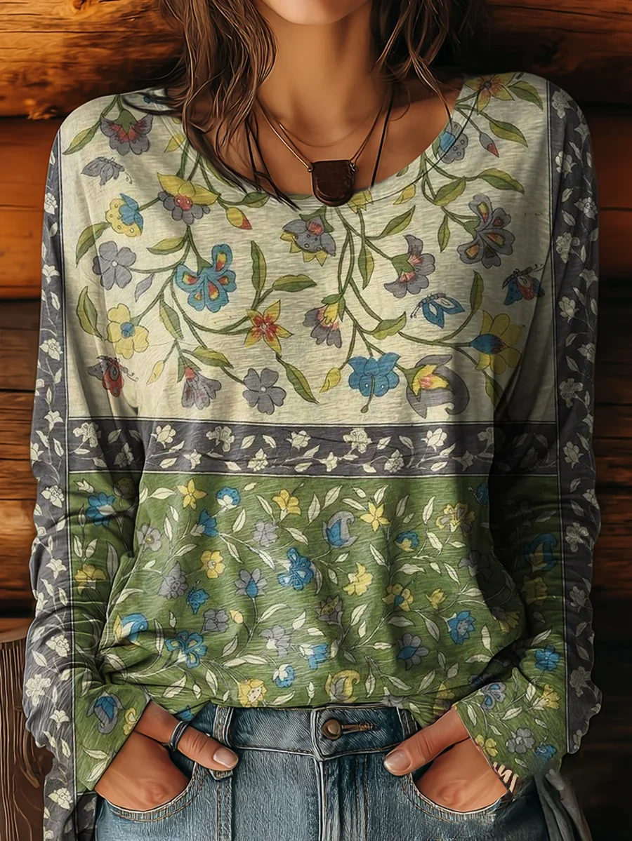Casual Floral Crew Neck Long Sleeve T-shirt