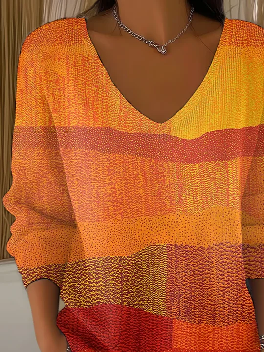 Casual Abstract V Neck Long Sleeve T-shirt