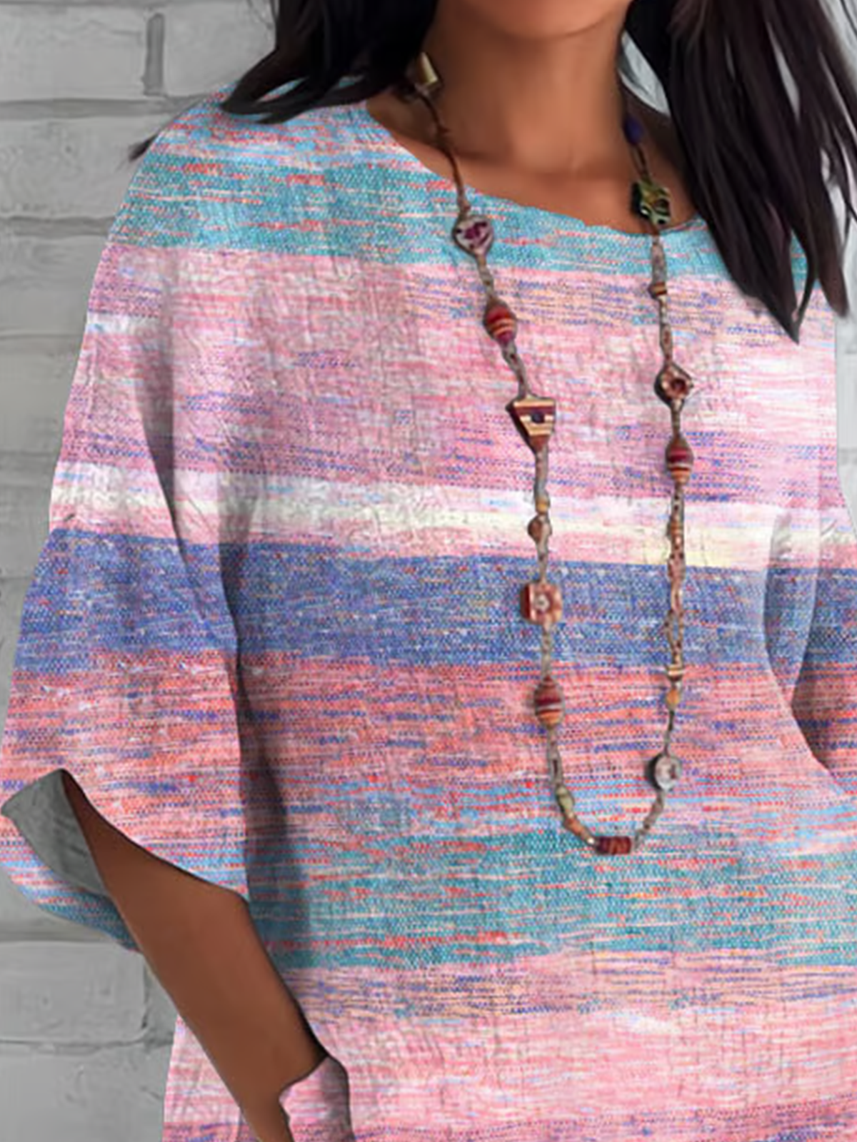 Shawl Collar Half Sleeve Striped Regular Loose Blouse For Women