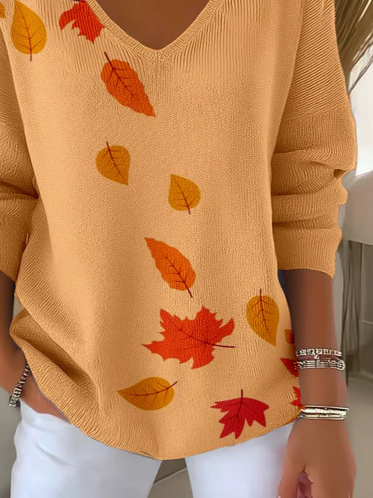Casual Maple Leaf V Neck Long Sleeve T-shirt