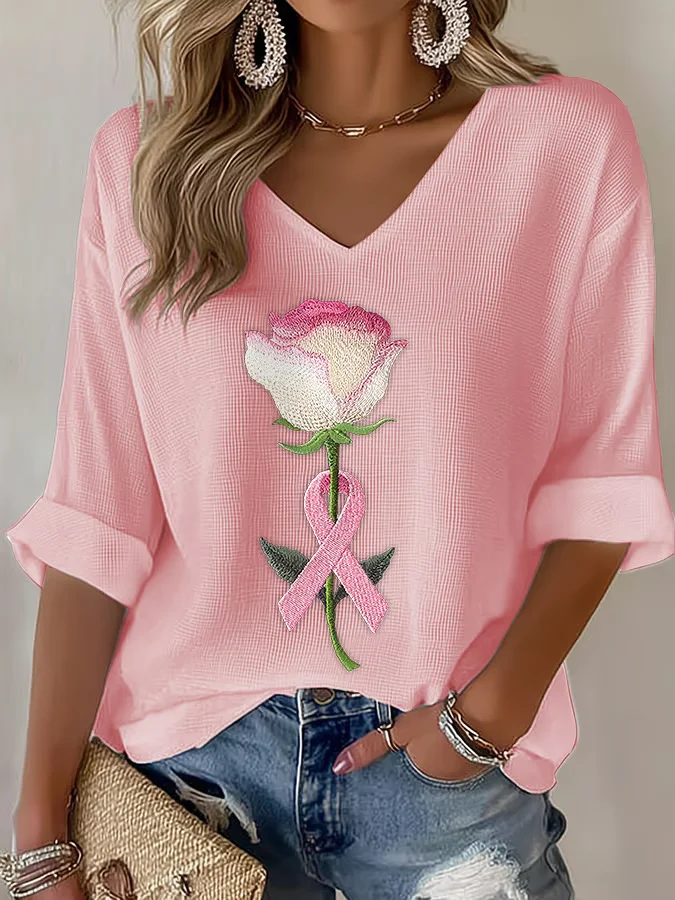Casual Floral V Neck Three Quarter Sleeve T-shirt