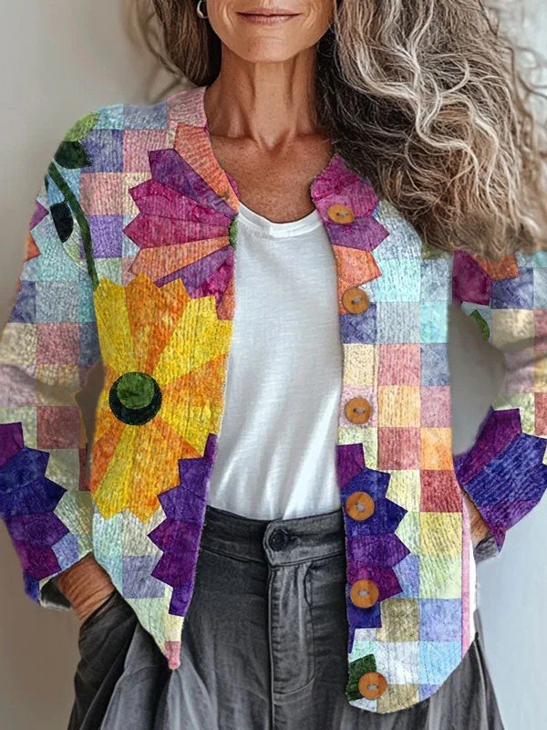 Women Knitted Geometric Long Sleeve Comfy Vintage Cardigan