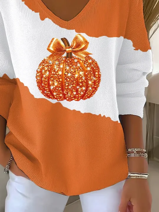 Casual Halloween Pumpkin Print V Neck Long Sleeve T-shirt