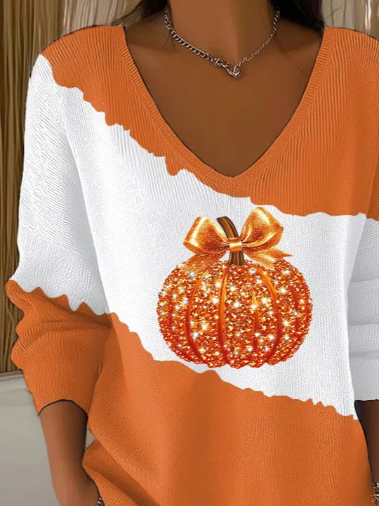 Casual Halloween Pumpkin Print V Neck Long Sleeve T-shirt