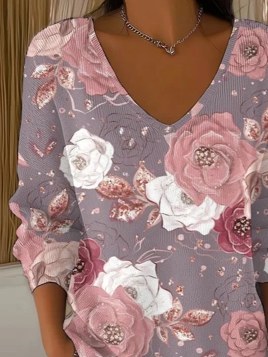 Casual Floral V Neck Long Sleeve T-shirt