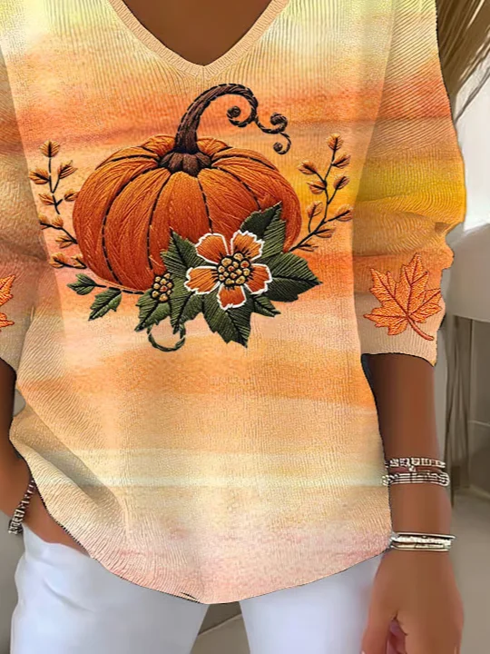 Halloween Pumpkin Print Casual Maple Leaf V Neck Long Sleeve T-shirt