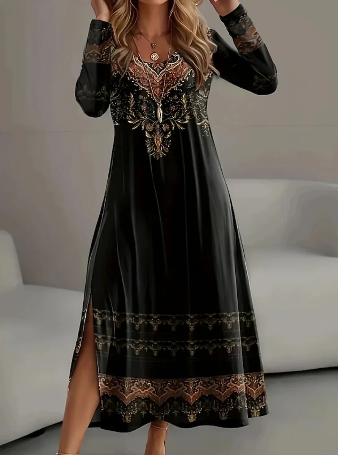 Women Ethnic Geometry Spring/Fall Dress Crew Neck Long Sleeve T-Shirt Dress H-Line Dress