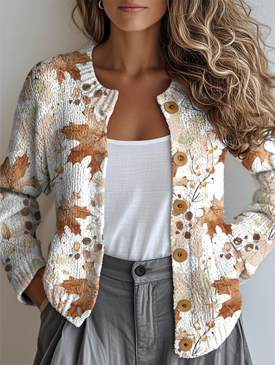 Women Knitted Maple Leaf Long Sleeve Comfy Vintage Cardigan