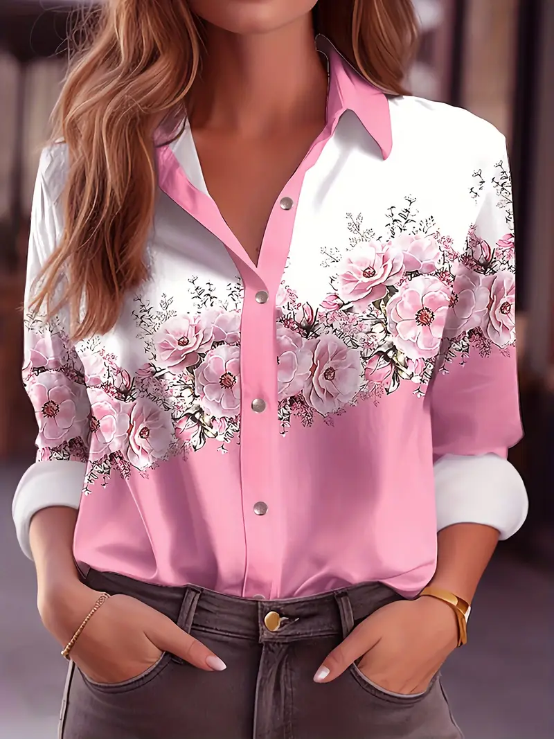 Shirt Collar Regular Sleeve Long Sleeve Floral Buckle Regular Loose Button Up Shirt Shirt For Women