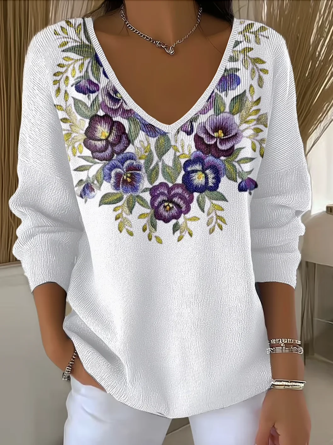 Women Cotton Floral Long Sleeve Comfy Casual Sweater