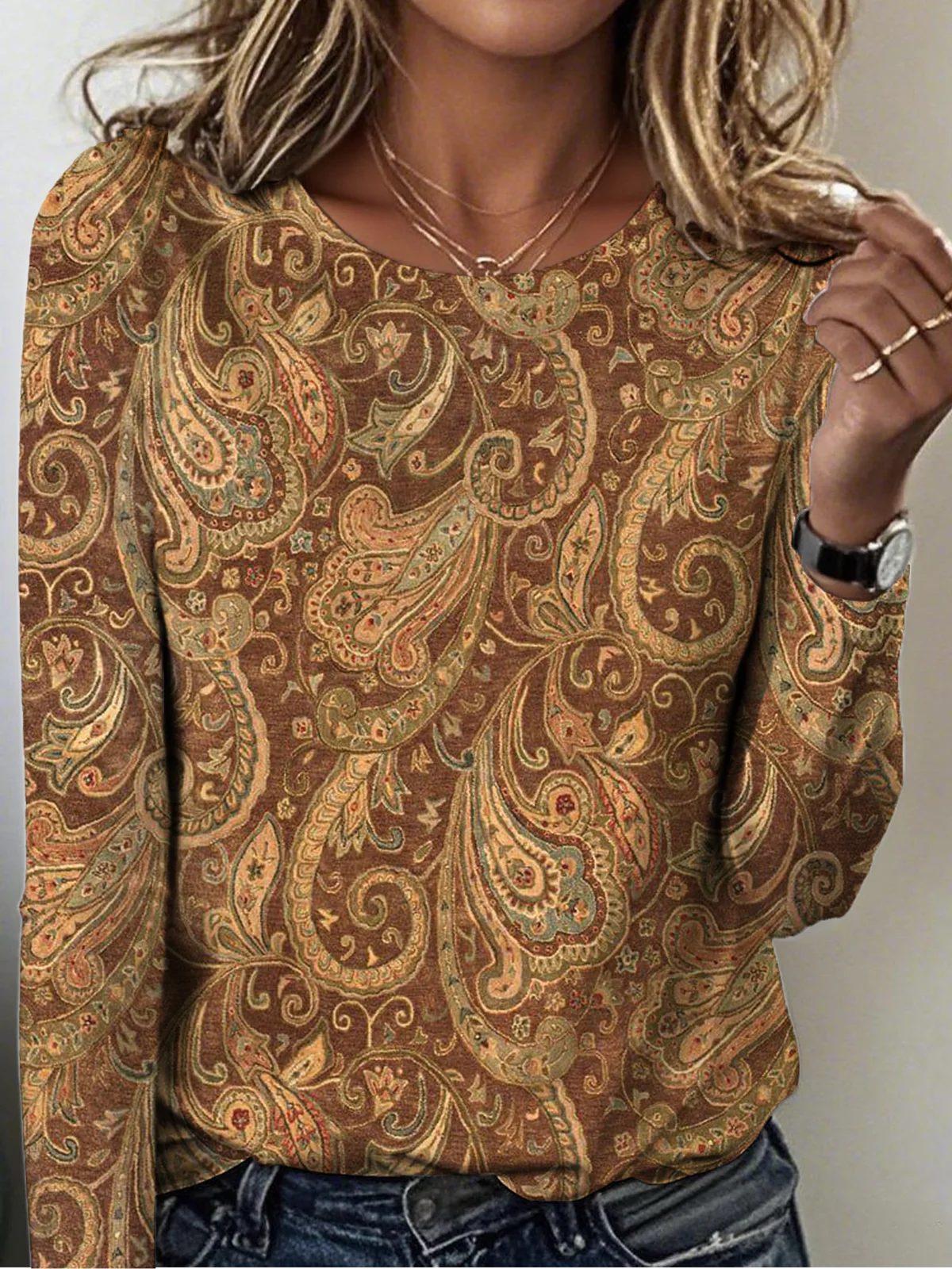 Vintage Paisley Crew Neck Long Sleeve T-shirt