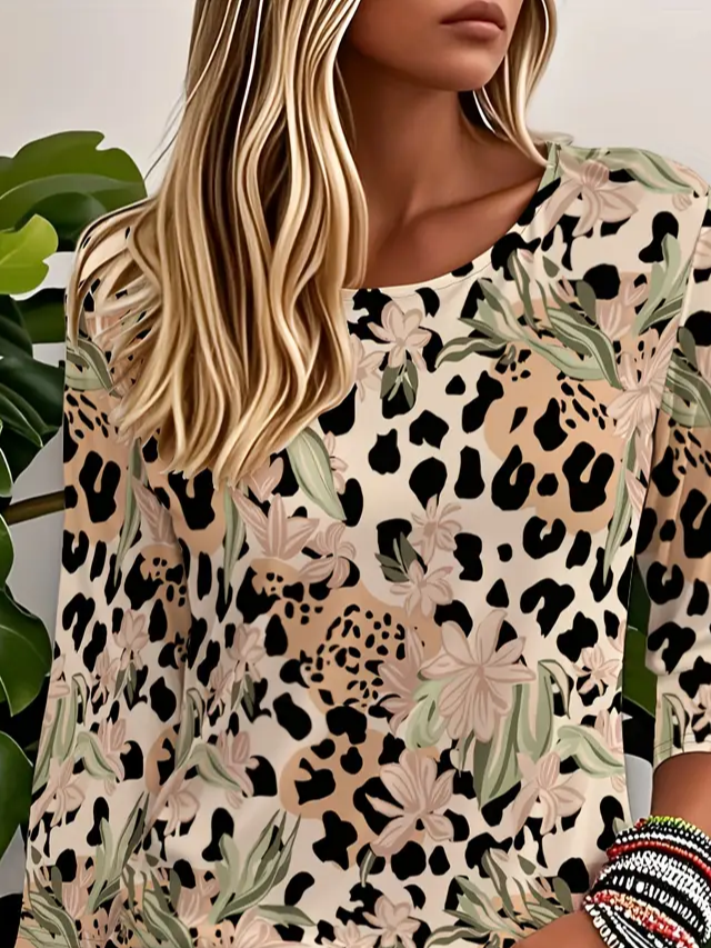 Casual Floral Crew Neck Three Quarter Sleeve T-shirt