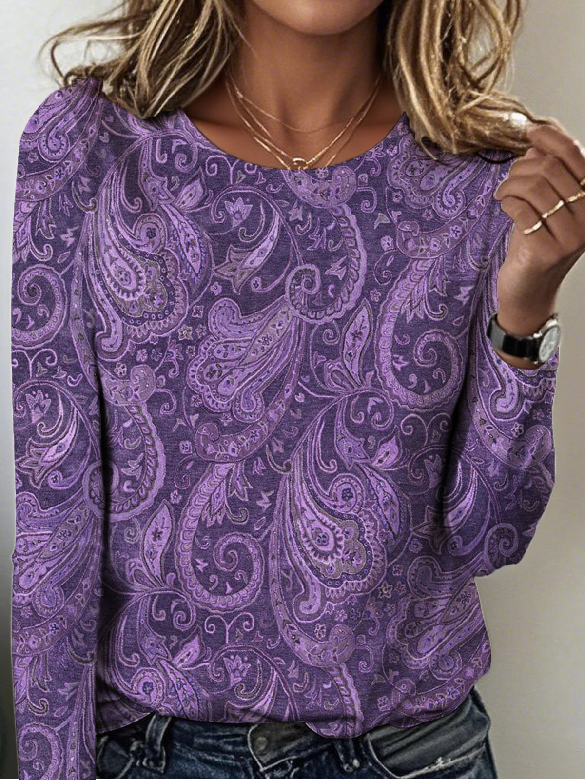 Vintage Paisley Crew Neck Long Sleeve T-shirt